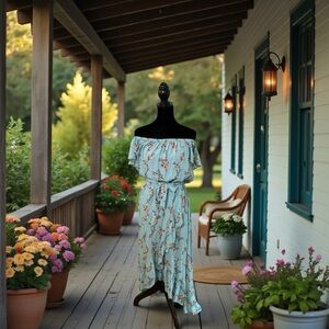 Hi Low Floral Maxi Dress Blue Off Shoulder Cottagecore Prairie By Xhilaration XS